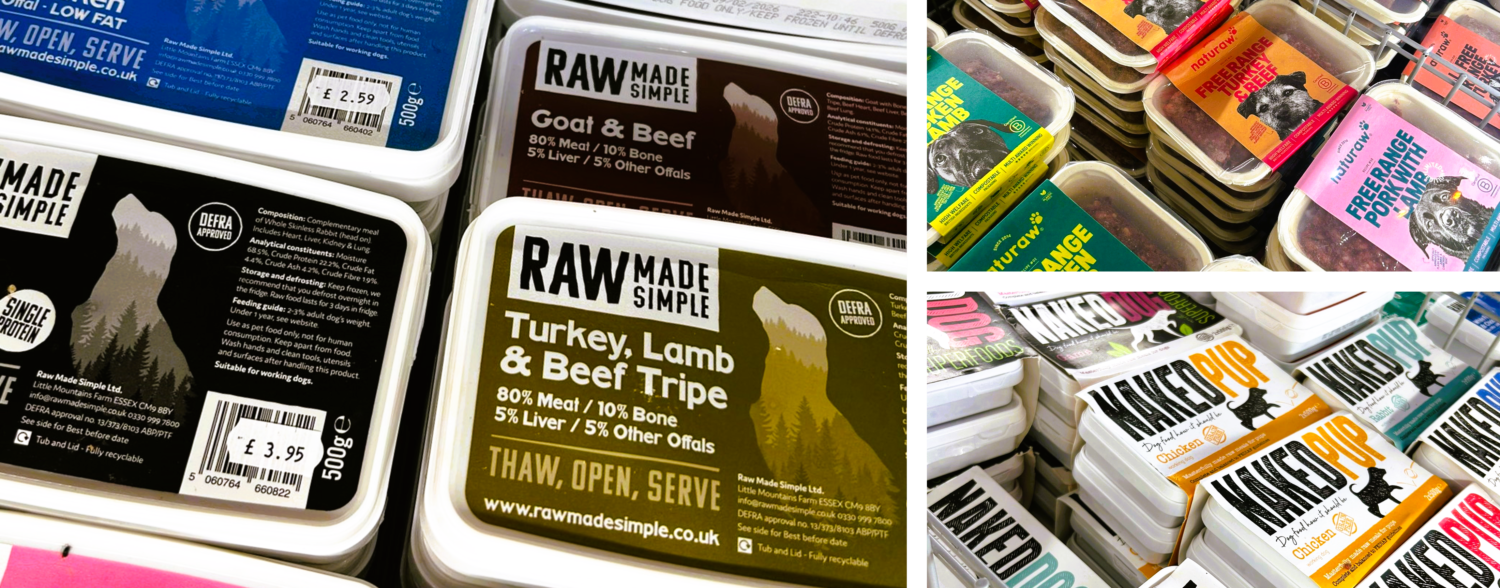 provide an image montage in landscape format for a blog titled Understanding Raw Dog Food: A Beginner's Guide